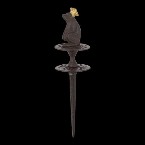 Cast iron hosepipe guide shaped like a frog, 34cm tall, protects plants and enhances garden decor.