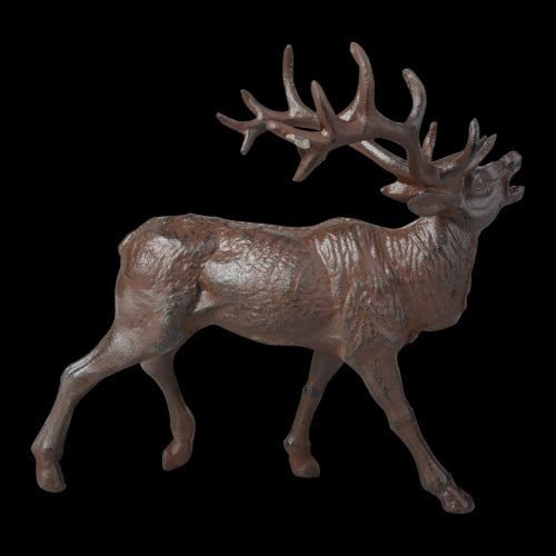 Set of 2 assorted cast iron deer ornaments, showcasing detailed antlers and handcrafted craftsmanship.