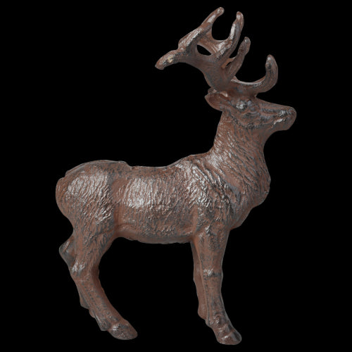 Set of 2 handcrafted cast iron deer ornaments, showcasing detailed antlers and rustic charm, measuring 23 x 14 x 22cm.