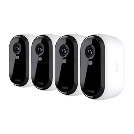 Arlo Essential 2K Outdoor Camera 4-Pack with Colour Night Vision, integrated spotlight, and weather-resistant design for enhanced security.