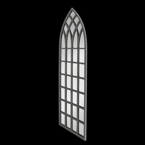 Gothic-style outdoor mirror (140cm) resembling a church window, ideal for enhancing garden aesthetics and creating visual depth.