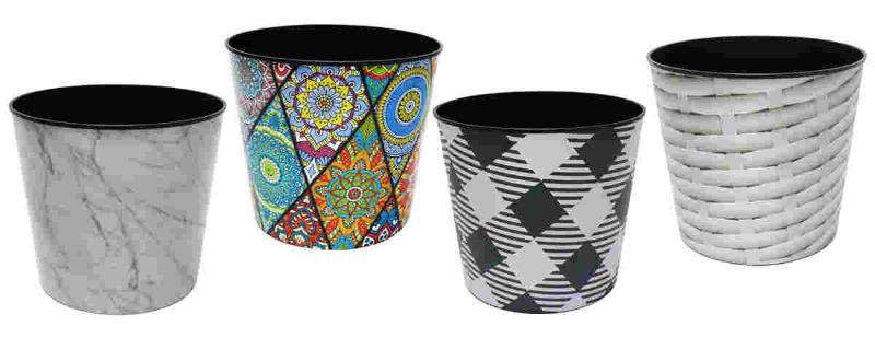 Vibrant set of 6 assorted plastic printed flower pots, perfect for indoor/outdoor gardening with modern designs.