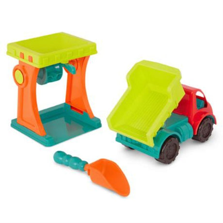 Colorful dump truck and sand mill set for outdoor play, encouraging creativity, motor skills, and cause-and-effect learning.