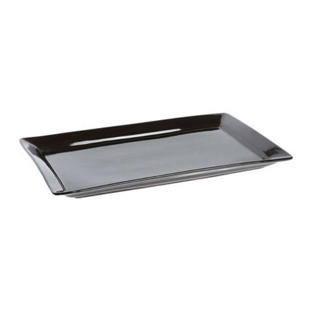 Elegant black ceramic rectangular platters set of 4 for serving appetizers, entrees, or desserts; microwave and dishwasher safe.