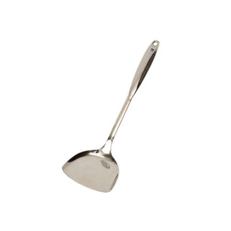 Stainless steel 37cm wok spatula designed for stir-frying, ideal for Asian cooking, balances function and style.