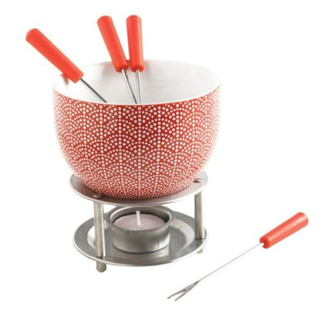 Mastrad Chocolate Fondue set in red with ceramic pot, forks, warming stand, and tea light for delightful shared chocolate moments.