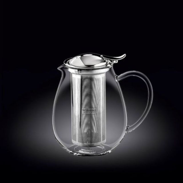 Elegant 850ml thermo-glass tea pot with stainless steel lid, designed for superior brewing and visual appeal.