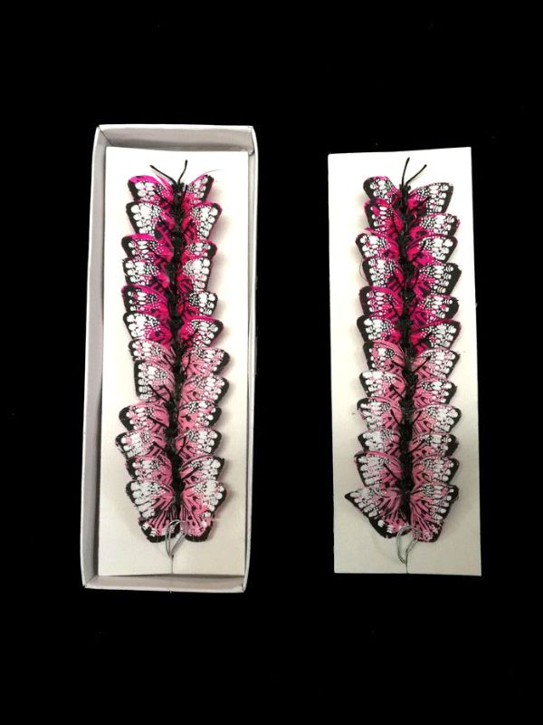Mini pink feather butterflies with wire, perfect for crafts and decorations, box of 24 for vibrant floral accents.