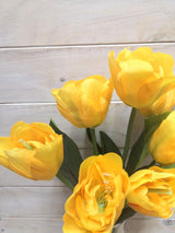 Lifelike large yellow tulip bush, perfect for vibrant home decor, requires no maintenance, and ideal for low-light areas.