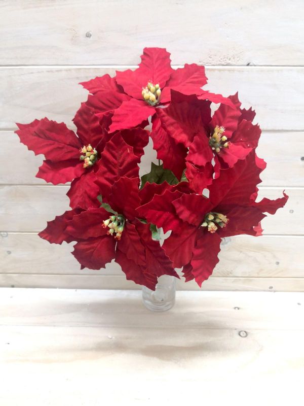 Flower- Large Holly Petal Velvet Poinsettia Bush  Red