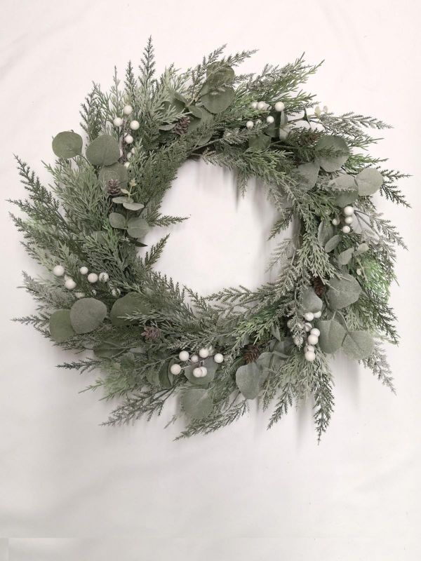 24-inch Cypress & Eucalyptus Christmas wreath, handcrafted with vibrant greenery, perfect for festive decor and sustainable holiday charm.