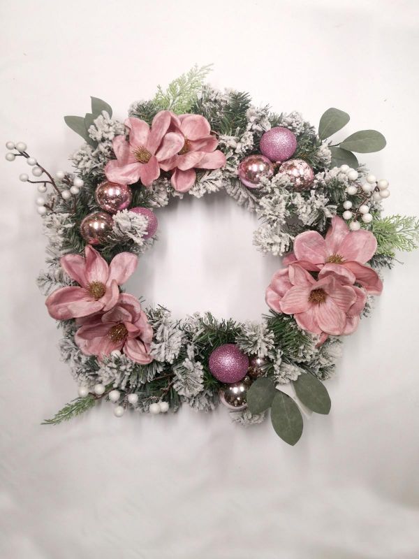 24" rose gold decorated Christmas wreath with elegant accents, perfect for holiday decor and inviting gatherings.