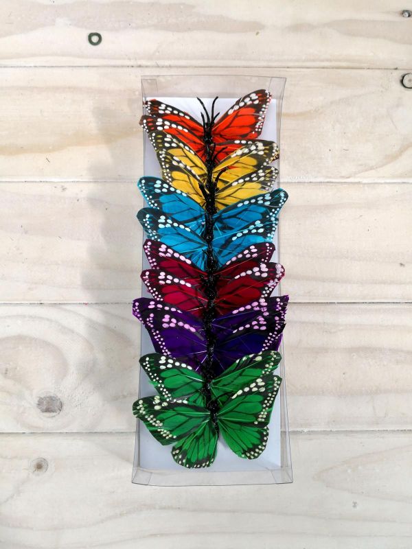 Colorful 9cm feather butterflies for decor, perfect for floral arrangements and creative projects.