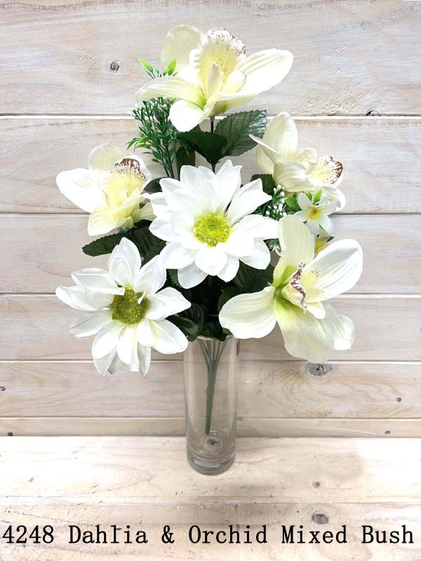 Elegant white mixed orchid and dahlia artificial flower bush for versatile home decor, requiring no maintenance.