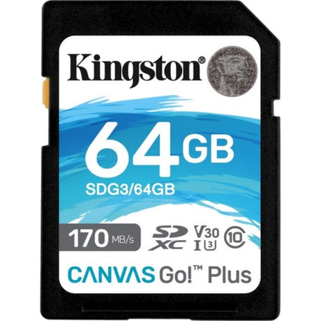 "Kingston Canvas Go! Plus 64GB SDXC card, designed for 4K video and fast burst photography, with 170MB/s read speed."