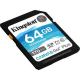 Kingston Canvas Go! Plus 64GB SDXC card, ideal for 4K video and burst photography with up to 170MB/s read speeds.