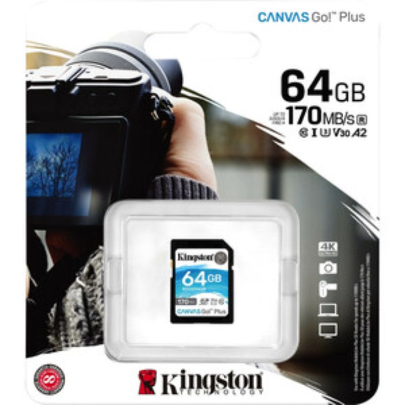 Kingston Canvas Go! Plus 64GB SD card for 4K video and burst photography, offering fast 170MB/s read speeds.