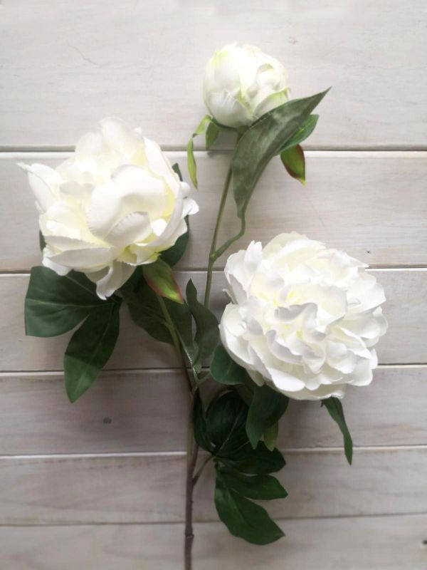 Lifelike White Peony Spray featuring two flowers and a bud, perfect for elegant home decor with no maintenance required.