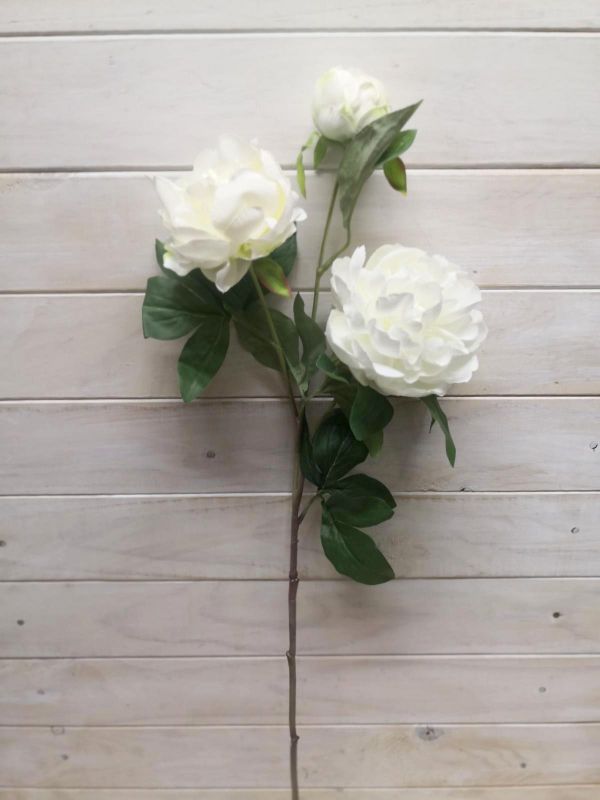 Lifelike White Peony Spray featuring two flowers and a bud, perfect for elegant home decor and maintenance-free displays.