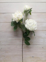 Lifelike White Peony Spray featuring two flowers and a bud, perfect for elegant home decor and maintenance-free displays.