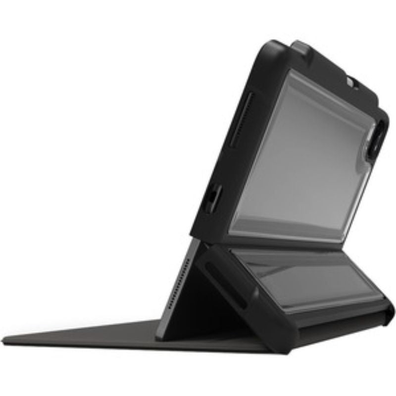 Black rugged carrying case for 12.9" iPad Pro, offering drop protection and storage for Apple Pencil.