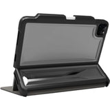 Black rugged carrying case for 12.9" iPad Pro, featuring bump resistance, Apple Pencil storage, and compatibility with keyboards.