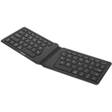 Compact black ergonomic foldable Bluetooth keyboard with antimicrobial protection, promoting comfort and hygiene for on-the-go use.