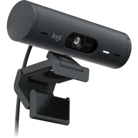 Logitech BRIO 505 video conferencing camera in graphite, featuring 4MP resolution, 60fps, auto-focus, and integrated privacy shutter.