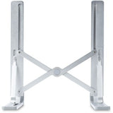 StarTech.com foldable laptop riser stand in aluminum, height adjustable, supports 22 lbs, ergonomic for better posture and portability.