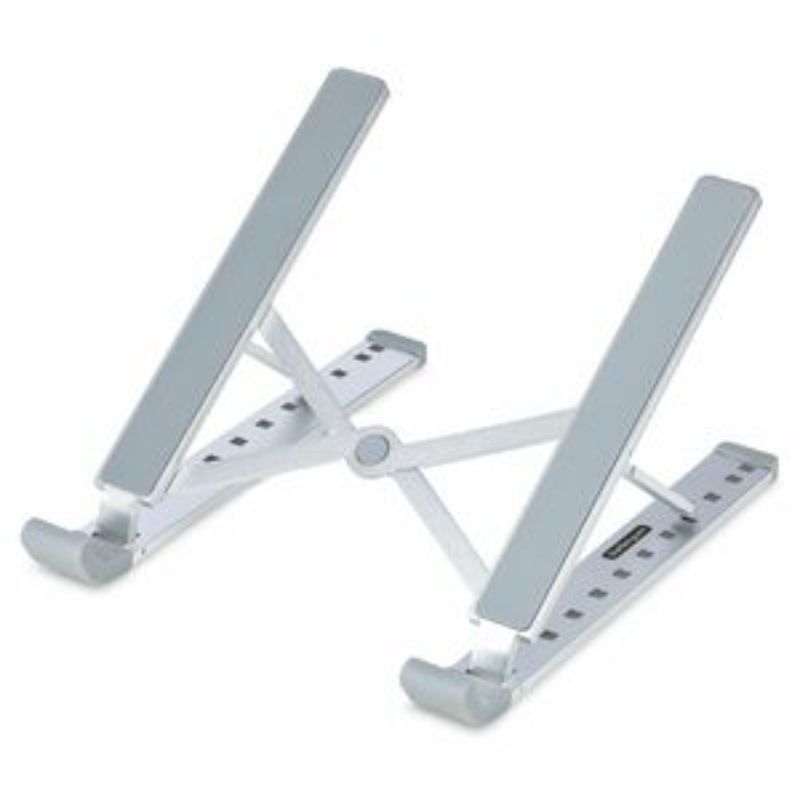 StarTech.com Foldable Laptop Riser Stand with adjustable height, ergonomic design, and durable aluminum frame for comfort.