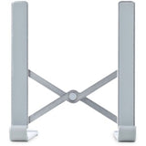 Ergonomic foldable laptop riser stand, adjustable height, ventilated aluminum, supports 22 lbs, portable for home or office use.