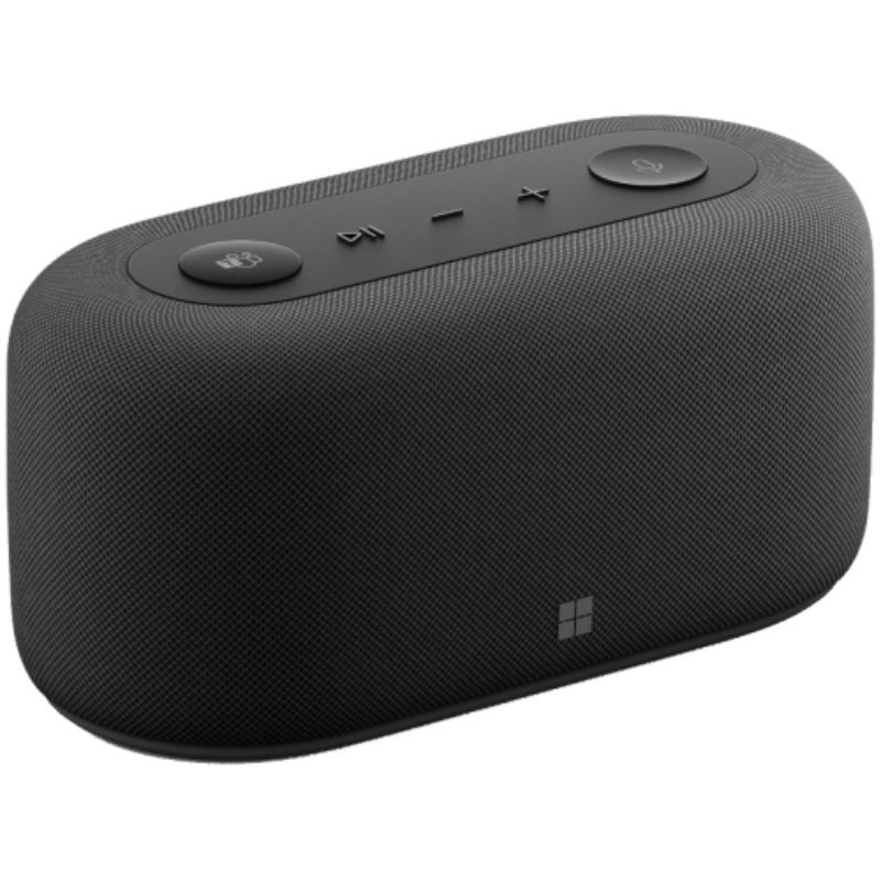 Microsoft Speakerphone in matte black, a USB microphone with noise cancellation for crystal-clear conference calls.