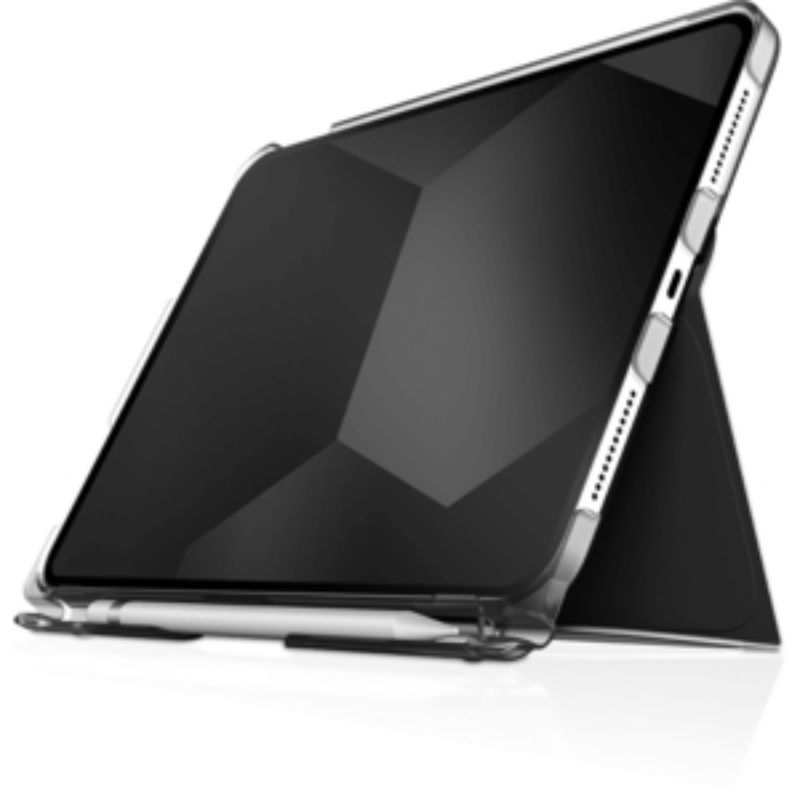 Sleek black STM Studio case for iPad 10th Gen, featuring a multi-position stand and precise cutouts for optimal access.