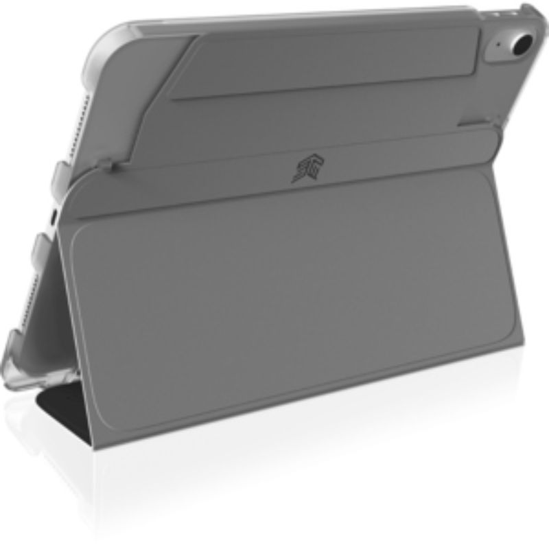 Black STM Studio case for iPad 10th Gen, featuring a multi-position stand and precision cutouts for seamless device access.