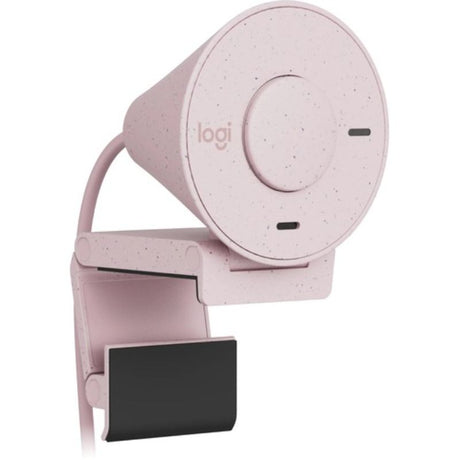 Logitech Brio 300 Full HD webcam in rose, featuring 1080p resolution and noise-canceling mic for clear video calls.