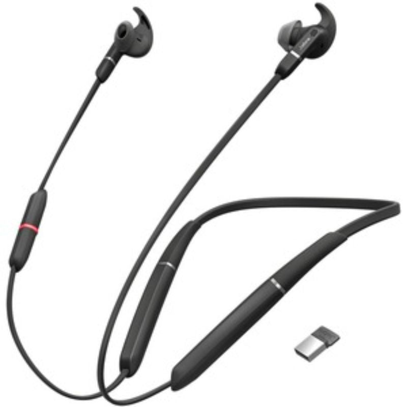 Jabra Evolve 65e UC earbuds with Link 370 adapter, designed for mobility, comfort, and exceptional sound quality.