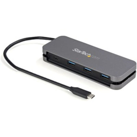 Startech 4 Port USB C Hub featuring 3 USB-A ports and 1 USB-C, offering 5Gbps data transfer in a compact design.