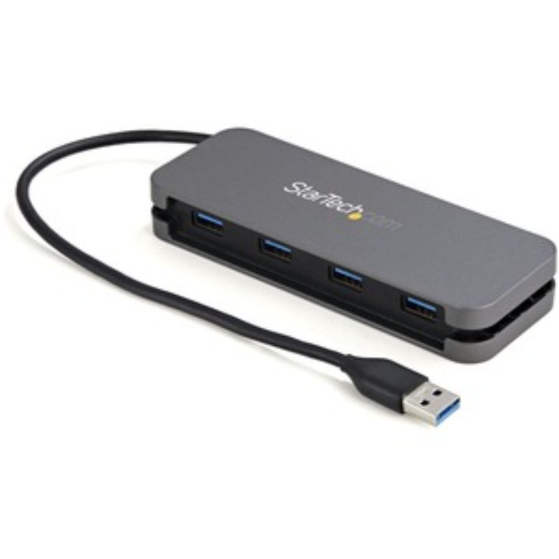 Alt text: "Startech 4 Port USB 3.0 Hub connecting four USB-A devices; compact, lightweight design with cable management for travel."