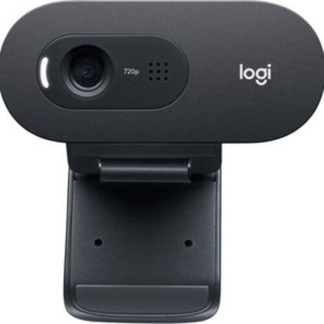 Logitech C505E Webcam with HD 720p resolution, 75-degree view, noise-canceling mic, ideal for video calls and streaming.