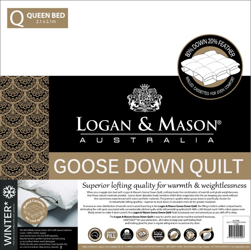 Duvet Inner - Double Bed - 80% GOOSE DOWN 20% FEATHER (LOGAN & MASON)