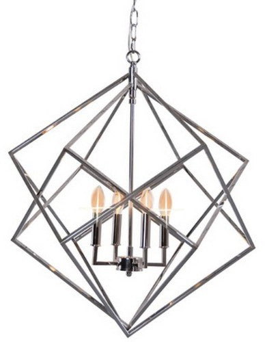 Nickel plated 79cm chandelier with geometric design, ideal for enhancing any space with style and elegant illumination.