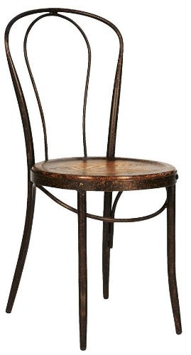 Stylish Bistro Chair with an antique metal base and recycled fir seat, perfect for indoor and outdoor dining.