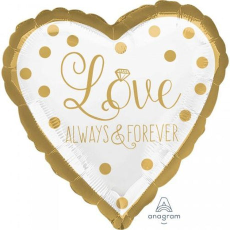 Elegant 45cm sparkling gold wedding balloon inscribed with "Love Always & Forever," perfect for romantic celebrations.