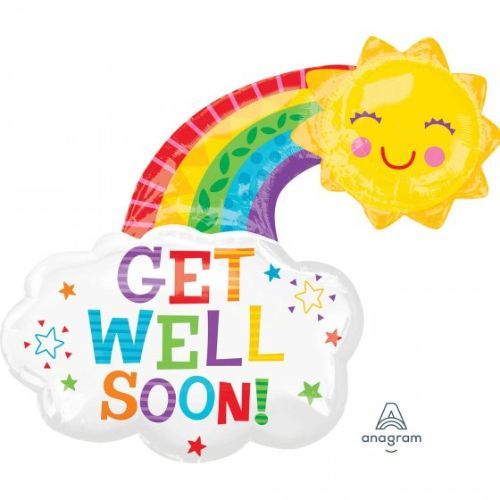 Vibrant 76cm rainbow-shaped foil balloon with "Get Well Soon" message, perfect for uplifting someone's spirits.