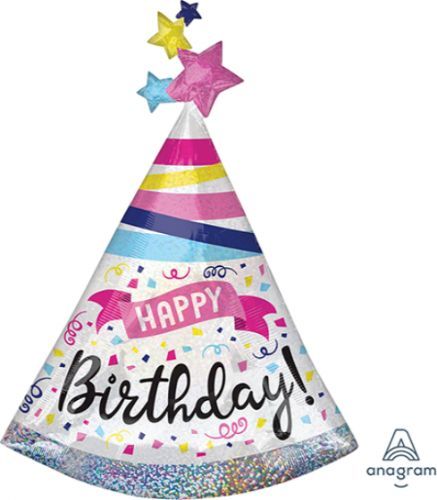 SuperShape Balloon Holographic Happy Birthday Hat Sparkle Banner