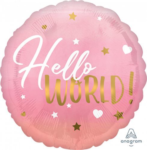 45cm pink "Hello World" balloon, perfect for baby girl celebrations, featuring self-sealing foil for lasting enjoyment.