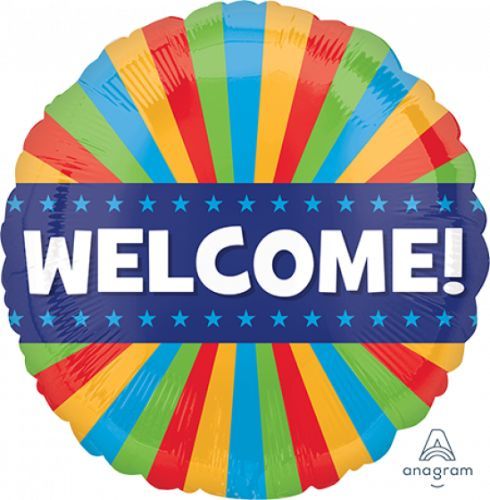 45cm self-sealing foil balloon with vibrant 'Welcome Blitz' design, perfect for celebrating events and welcoming guests.