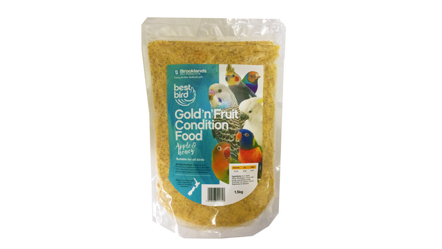 Bird food featuring apples and honey, suitable for all birds, rich in protein, fat, and vitamins, 1.5kg pack.