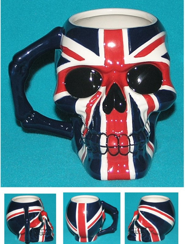 Ceramic mug featuring a bold skull design with the Union Jack, perfect for edgy drinkware lovers.