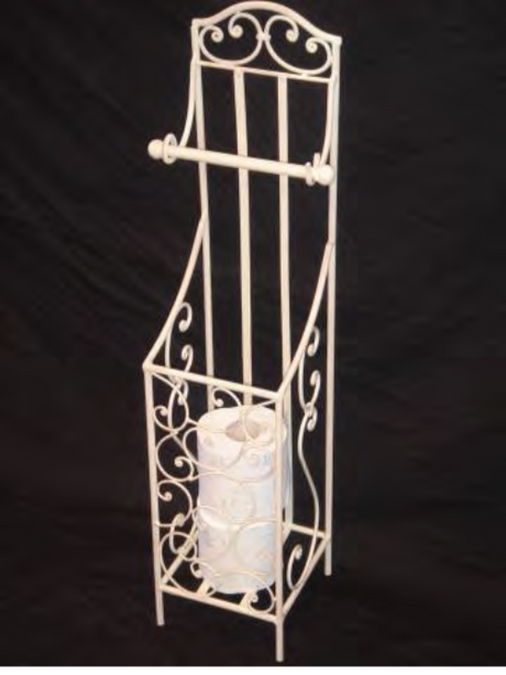 Antique cream wrought iron toilet roll holder with integrated basket for extra rolls, adding vintage charm to your bathroom.